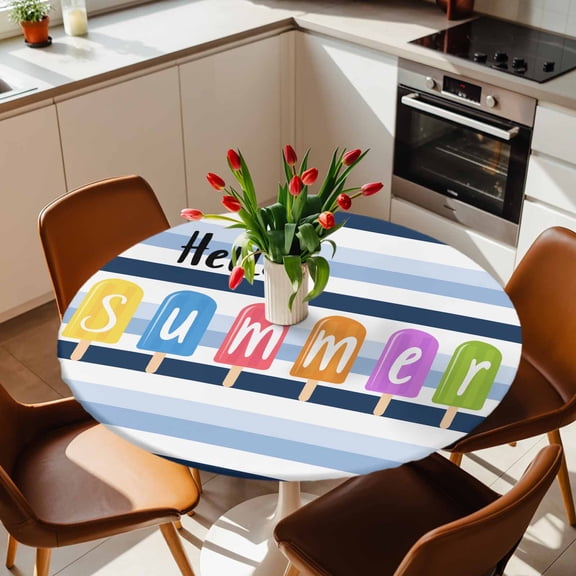 Hello Summer Blue White Stripe Round Fitted Tablecloth with Elastic Edge,Waterproof Table Cloth Fits Tables Up to 45"-54",Washable Table Cover for Indoor Outdoor Dinning Party,Colorful Popsicles