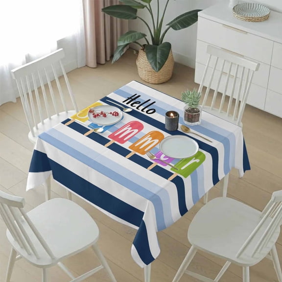 Hello Summer Blue White Stripe Table Cloth 54x54in, Waterproof Square Tablecloth Wipeable Tablecloths Colorful Popsicles Table Covers for Dining Tables Party Indoor Outdoor