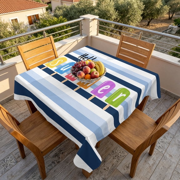 Hello Summer Blue White Stripe Table Cloth 60x60in, Waterproof Square Tablecloth Wipeable Tablecloths Colorful Popsicles Table Covers for Dining Tables Party Indoor Outdoor