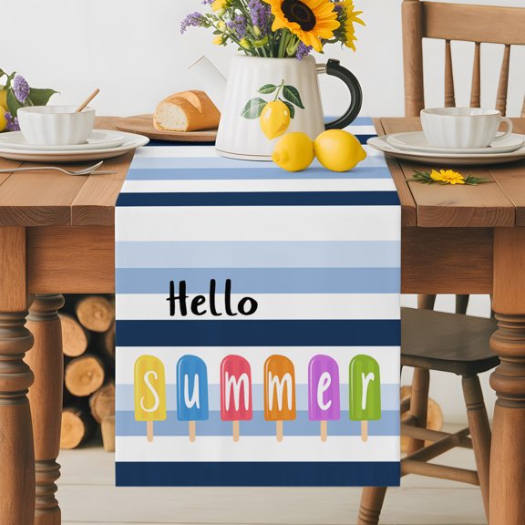 Hello Summer Blue White Stripe Table Runner 36 Inches Long, Colorful Popsicles Table Runners Tabletop Scarf Kitchen Dining Tables Decoration for Home Party Indoor Outdoor