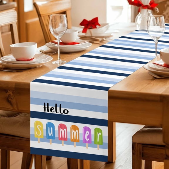 Hello Summer Blue White Stripe Table Runner 36 Inches Long,Kitchen Dining Tablerunners Colorful Popsicles Linen Table Runners Dresser Scarves for Home Dinner Wedding Holiday Party Decor