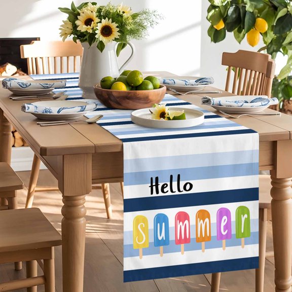 Hello Summer Blue White Stripe Table Runner 72 Inch Long Colorful Popsicles Table Runners Linen Burlap Tablerunner for Kitchen Dining Room Holiday Party
