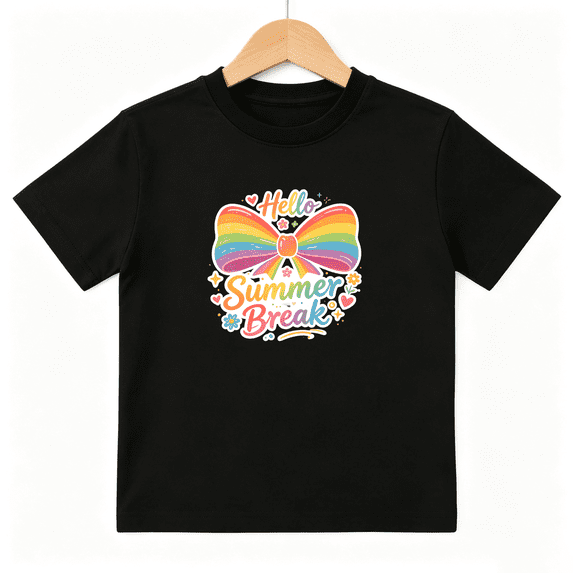 Hello Summer Break Rainbow Bow Girls Graphic Tee, Cute Holiday 100% Cotton Kids Short Sleeve T-Shirt