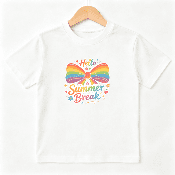 Hello Summer Break Rainbow Bow Girls Graphic Tee, Cute Holiday 100% Cotton Kids Short Sleeve T-Shirt