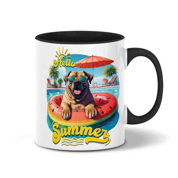 Hello Summer Bullmastiff Pool Day on Watermelon Float 11oz Accent Two-tone Mug Dog Lover Coffee Tea Cup - 13008