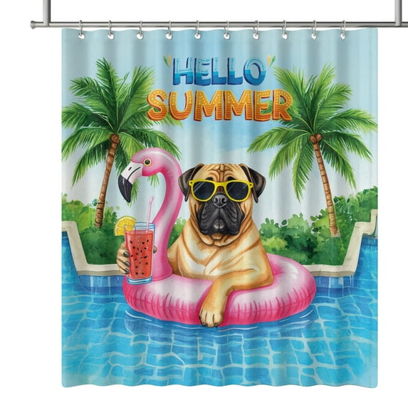 Hello Summer Bullmastiff at Swimming Pool Flamingo Swim Ring Shower Curtain Dog Lover Waterproof Bathroom Bathtub Curtain - 12009