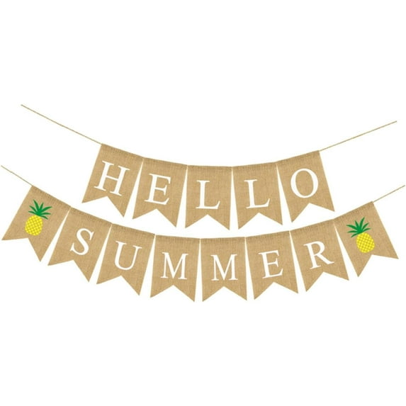 Hello Summer Burlap Banner with Colorful Pineapple Letters Linen Dovetail Garland for Hawaii Party Decorations Reusable Tropical Summer Bunting for Luau Events and Photo Shoots