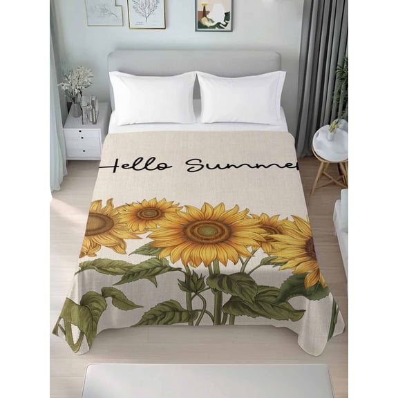 Hello Summer California King Size Flat Sheet, Wrinkleproof & Fadeproof Cooling Flat Bed Sheet Only, Vintage Spring Floral Sunflowers Breathable Soft Bedding Top Sheets 108 x 98 Inches
