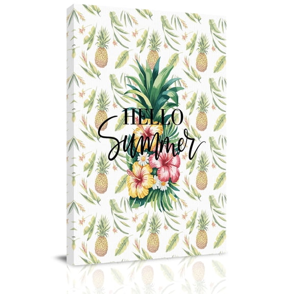 Hello Summer Canvas Wall Art for Living Room, Pineapple Red Flower Tropical Fruit Abstract Wall Decor Framed Artwork Pictures Ready to Hang for Bedroom Office Home Decor