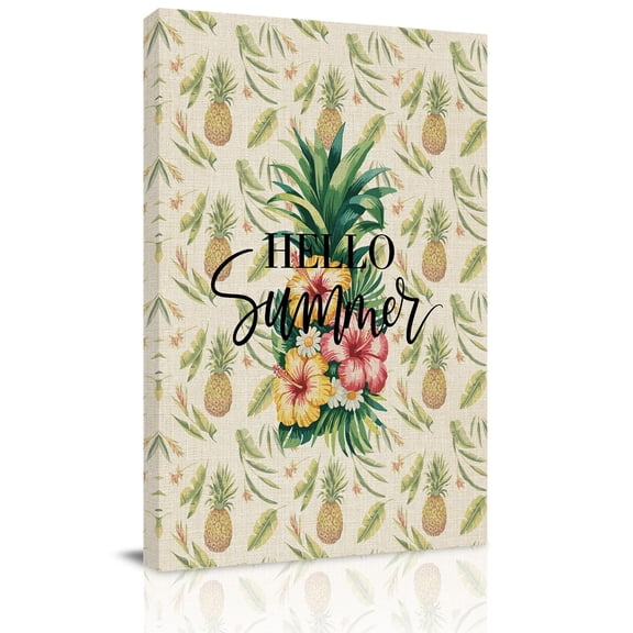Hello Summer Canvas Wall Art for Living Room, Pineapple Red Flower Tropical Fruit Vintage Linen Abstract Wall Decor Framed Artwork Pictures Ready to Hang for Bedroom Office Home Decor