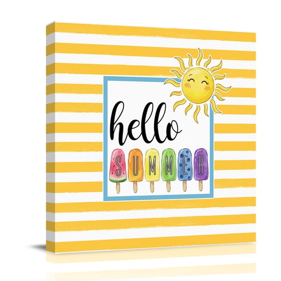 Hello Summer Canvas Wall Art for Living Room, Yellow Stripes Rainbow Ice Cream Sunshine Cartoon Wall Decor Framed Artwork Pictures Ready to Hang for Bedroom Office Home Decor