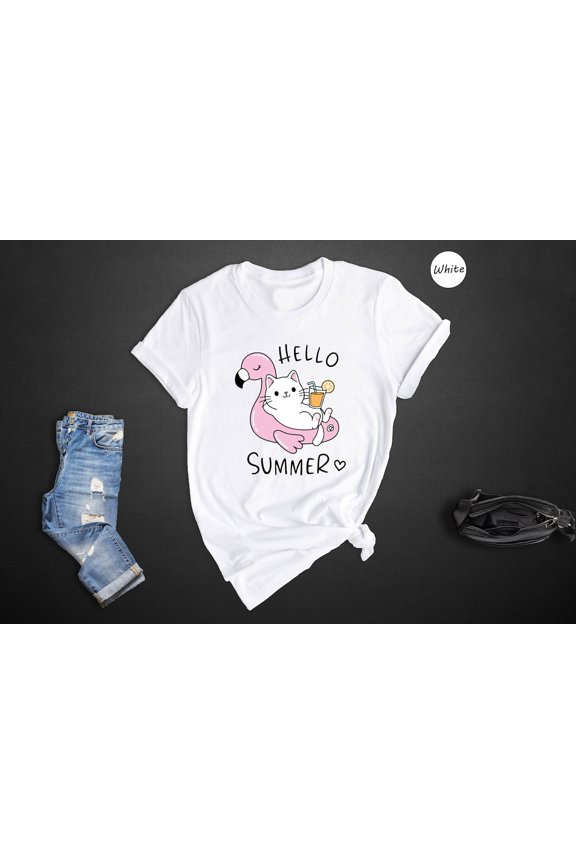 Hello Summer Cat Beach Vacation Vibes Kitten T-Shirt - All Size S-5XL