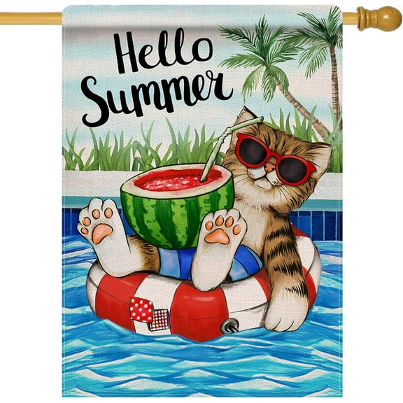 Hello Summer Cat Watermelon Beach Coastal Decorative House Flag, Ocean Nautical Garden Yard Outside Decoration, Outdoor Large Decor Double Sided 28 x 40