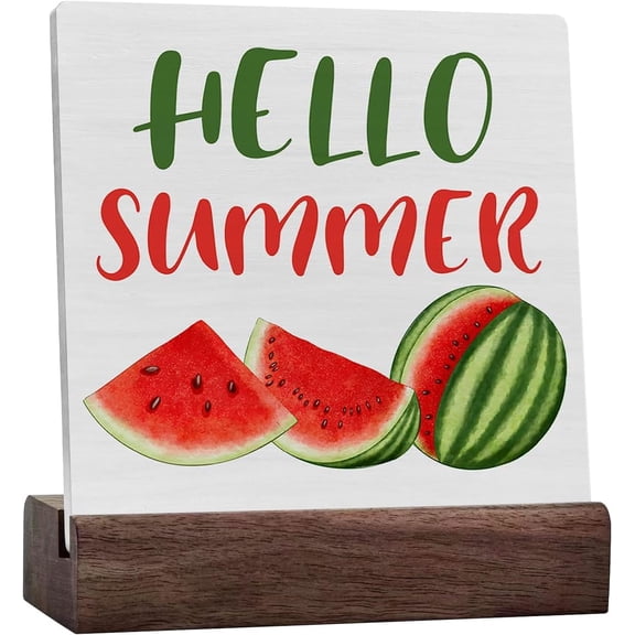 Hello Summer Ceramic Table Sign Summer Watermelons Ceramic Table Sign Art Blocks Desk Decor Rustic Signs For Shelf Tabletop Wall Home Kitchen Decoration