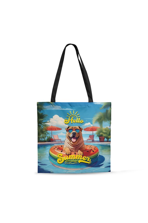 Hello Summer Chinese Shar-Pei Pool Day on Watermelon Float All Over Print 3D Canvas Tote Bag Dog Lover Reusable Handbag - 13008