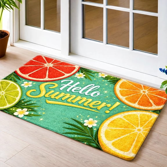 Hello Summer Citrus Print Doormat, Made Of Soft Flannel Fabric With A Non-Slip Backing, Is Ideal For Entryways, Kitchens, And Bright Summer-Themed Homes. Features A Cheerful Design With A Vibrant Gre