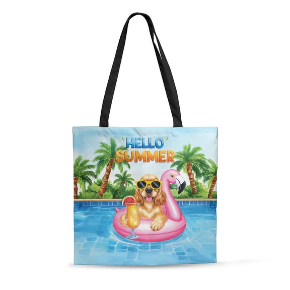 Hello Summer Cocker Spaniel at Swimming Pool Flamingo Swim Ring All Over Print 3D Canvas Tote Bag Cockers Dog Lover Gifts Reusable Handbag - 12009