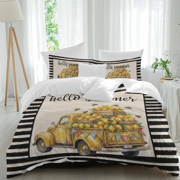 Hello Summer Comforter Set Queen Size, Retro Watercolor Lemon Truck Black Stripe Linen Soft Bedding Set for Man Woman, 4 Pieces Duvet Cover Set with Fitted Sheet, 2 Pillowcases