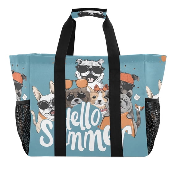 Hello Summer Cool Dog Reusable Grocery Bags with Handle Side Pocket Waterproof Shopping Portable Tote