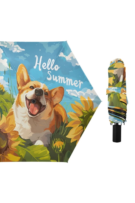 Hello Summer Corgi Dog Sunflower Compact Sun Umbrella Windproof Travel Umbrellas for Rain Strong Portable UV Protection