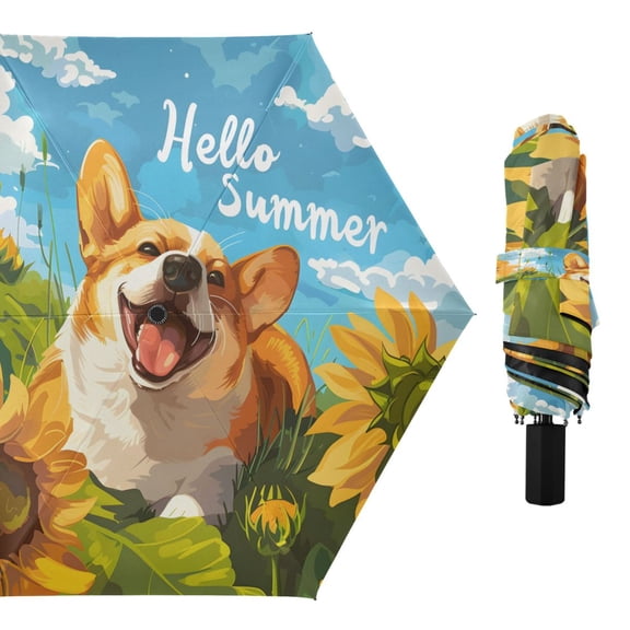 Hello Summer Corgi Dog Sunflower Compact Sun Umbrella Windproof Travel Umbrellas for Rain Strong Portable UV Protection