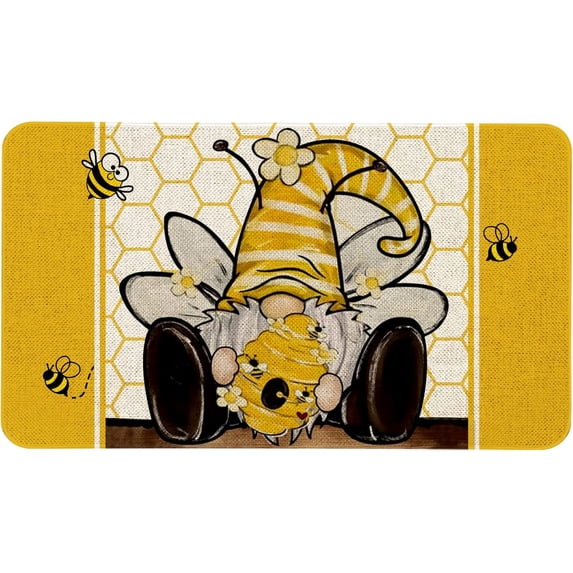 Hello Summer Cute Bee Gnome Doormat,Non-Slip Welcome Creative Decorative Seasonal Burlap Floor Mat Switch Mat for Indoor Outdoor 17 x 29 Inch