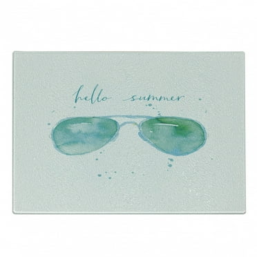 Hello Summer Cutting Board, Image of Watercolor Style Sunglasses and Phrase and Speckles, Decorative Tempered Glass Cutting and Serving Board, Small Size, Sky Blue Green, by Ambesonne