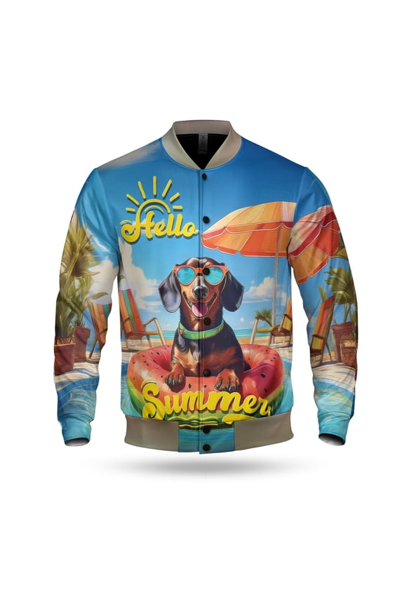 Hello Summer Dachshund Pool Day on Watermelon Float All Over Print 3D Baseball Jacket Wiener Dog Lover Gifts Idea Bomber Jacket Softball - 13008