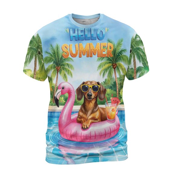 Hello Summer Dachshund at Swimming Pool Flamingo Swim Ring All Over Print 3D Shirt Unisex Merch Wiener Dog Lover Gifts Idea - 12009