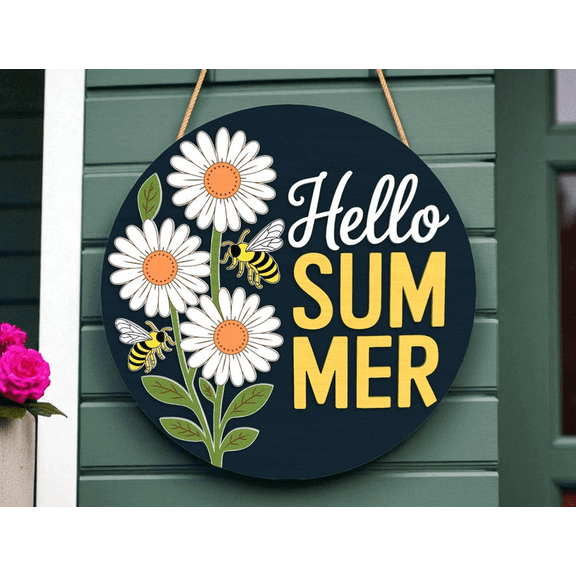 Hello Summer Daisy Door Hanger, Bee & Flower Porch Deco