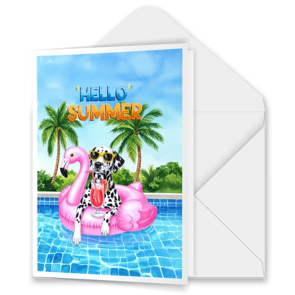 Hello Summer Dalmatian at Swimming Pool Flamingo Swim Ring 5x7in Folded Greeting Card Dog Lover Single Note Card with Envelope - 12009