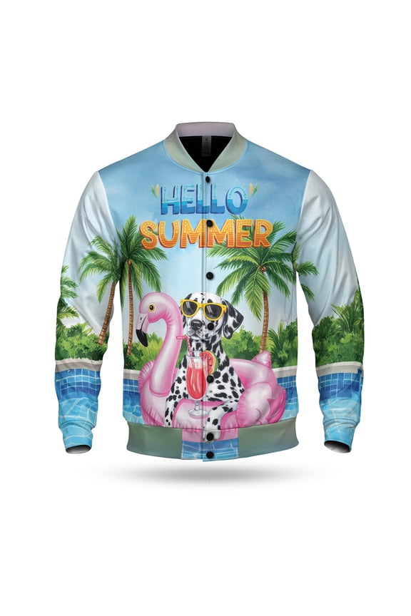 Hello Summer Dalmatian at Swimming Pool Flamingo Swim Ring All Over Print 3D Baseball Jacket Dog Lover Bomber Jacket Softball - 12009