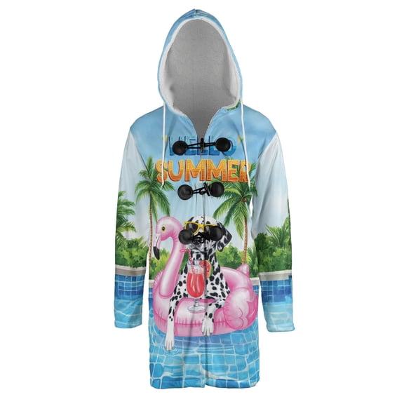 Hello Summer Dalmatian at Swimming Pool Flamingo Swim Ring All Over Print 3D Hooded Duffle Toggle Coat Dog Lover - 12009