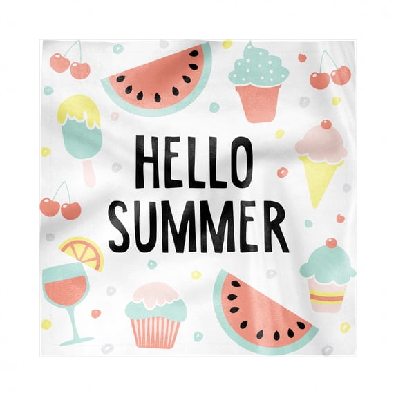 Hello Summer Decorative Satin Napkins Set of 4, Pastel Tone Lettering with Summer Tastes Watermelon Cherry and Ice Cream, Square Fabric Party & Dinner Napkin, 12", Multicolor, by Ambesonne