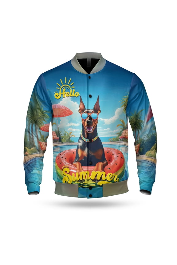 Hello Summer Doberman Pinscher Pool Day on Watermelon Float All Over Print 3D Baseball Jacket Doberman Dog Lover Gifts Bomber Jacket Softball - 13008