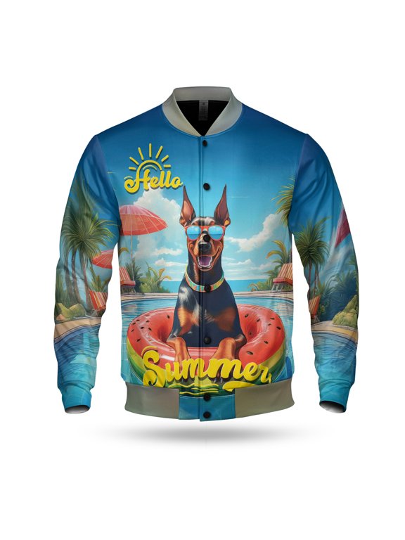 Hello Summer Doberman Pinscher Pool Day on Watermelon Float All Over Print 3D Baseball Jacket Doberman Dog Lover Gifts Bomber Jacket Softball - 13008