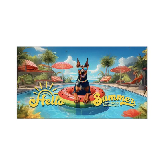Hello Summer Doberman Pinscher Pool Day on Watermelon Float Doormat Doberman Dog Lover Gifts Indoor Outdoor Welcome Mat - 13008