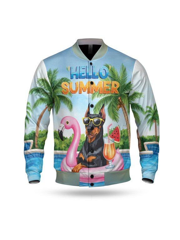 Hello Summer Doberman Pinscher at Swimming Pool Flamingo Swim Ring All Over Print 3D Baseball Jacket Doberman Dog Lover Gifts Bomber Jacket Softball - 12009