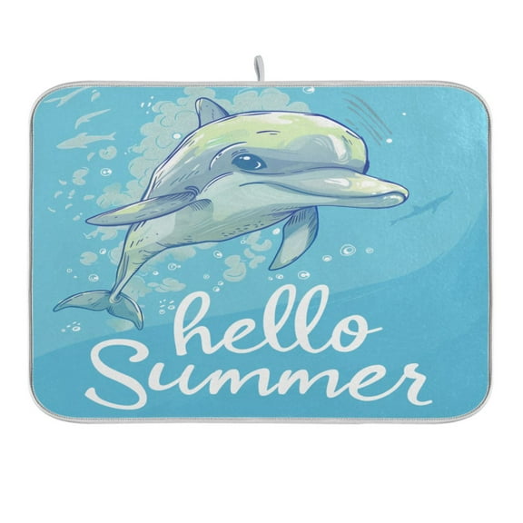 Hello Summer Dolphin Dish Drying Mat 16x18 Absorbent Microfiber Draining Rack Pad for Kitchen Counter Sink
