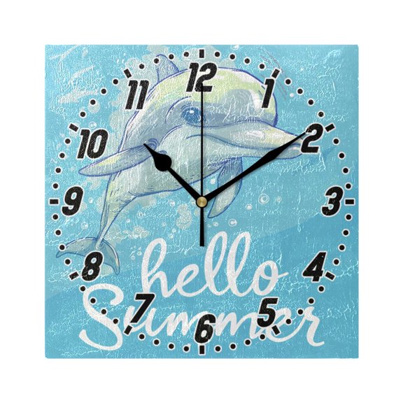 Hello Summer Dolphin Wall Clock Battery Operated Silent Non-Ticking Bedroom Office Kitchen Home School Decor 7.8"(Black)