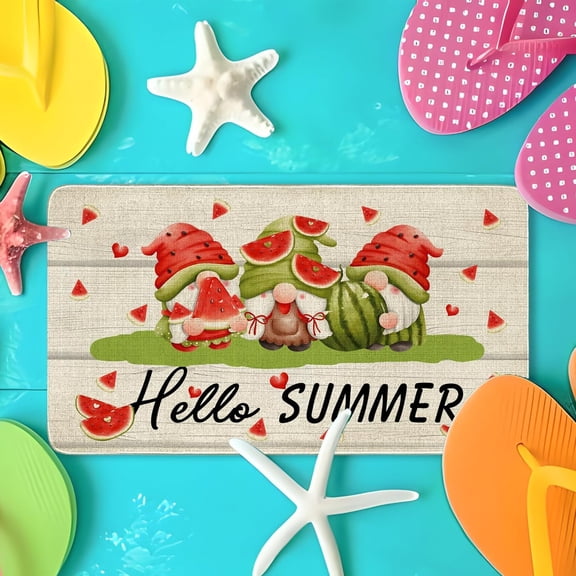 Hello Summer Door Mat Welcome Mats 30" X 17" Gnome Summer Welcome Mats Outdoor Decor Holiday Low-Profile Floor Mat Switch Mat for Indoor Outdoor