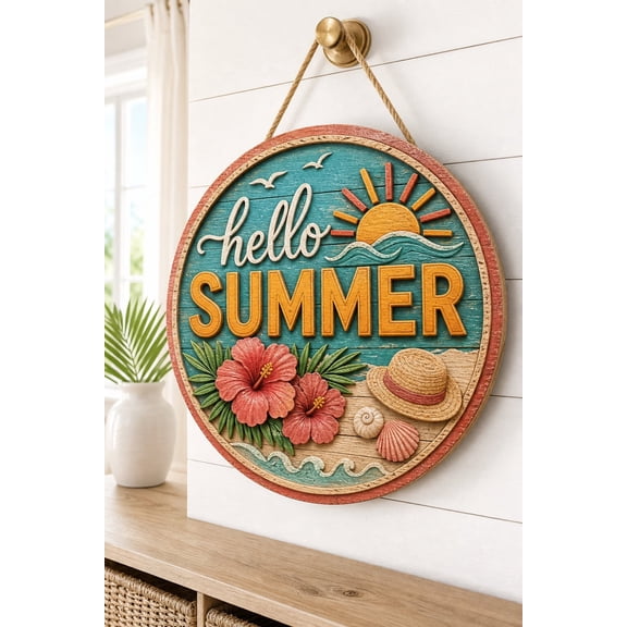 Hello Summer Door Sign Beach Flip Flop Wreath Coastal Door Decor