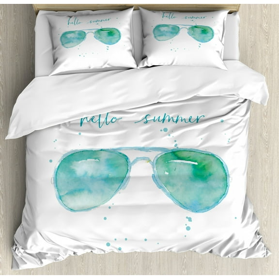 Hello Summer Duvet Cover Set Queen Size, Image of Watercolor Style Sunglasses and Motivational Phrase and Speckles, Decorative 3 Piece Bedding Set with 2 Pillow Shams, Sky Blue Green, by Ambesonne