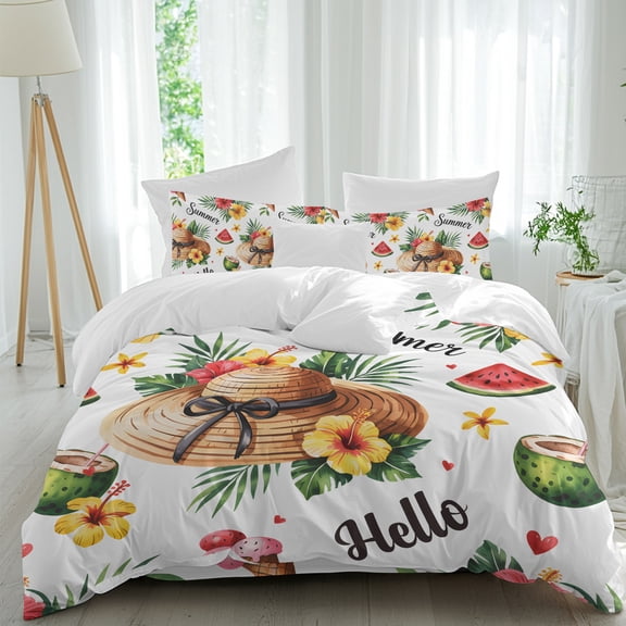 Hello Summer Duvet Cover Set Queen Size, Tropical Plants Watermelon Straw Hat 4 Piece Soft Microfiber Bedding Set with Zipper Closure, 1 Comforter Cover, 1 Flat Sheet, 2 Pillowcases