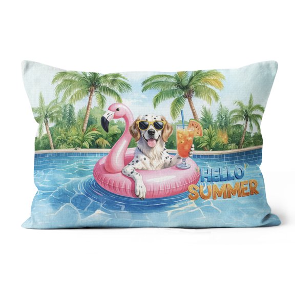 Hello Summer English Setter at Swimming Pool Flamingo Swim Ring Pillow Cushion Double Sided Dog Lover Throw Pillow - 12009