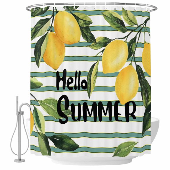 Hello Summer Fabric Shower Curtain Lemon Green Stripes Washable Shower Curtains for Bathroom, Waterproof Bath Curtain with Hooks Home Decor 36x72in
