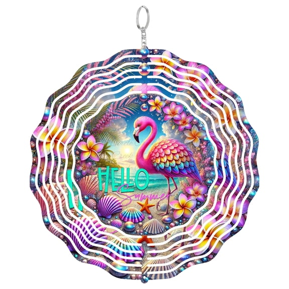 Hello Summer Flamingo 3D Wind Spinner, UV Printed Tinplate Hanging Ornament, Tropical Patio Decor, Summer Gift,