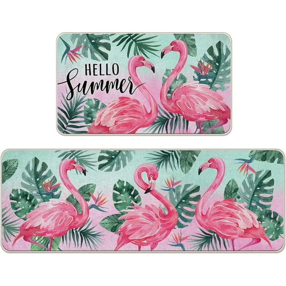 Hello Summer Flamingo Bird Kitchen Rugs Set of 2, Tropical Palm Leaves Monstera Kitchen Mats Decor, Hawaii Plant Seasonal Floor Door Mat Home Decorations -17x29 and 17x47 Inch