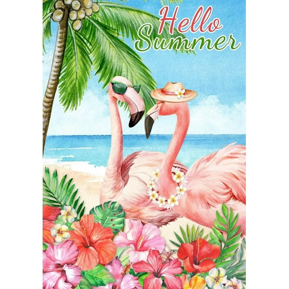 Hello Summer Flamingo Couple Garden Flag for Outside Decor 28x40 Double Sided Vertical, Summer Tropical Ocean Beach Garden Yard House Flags Seasonal Spring Summer Outdoor Decoration