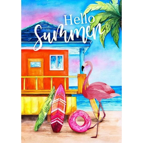 Hello Summer Flamingo Garden Flag 28 x 40 Inch Small Vertical Spring Summer Tropical Beach Double Sided Seasonal Decoration Outside Decor for House Home Yard